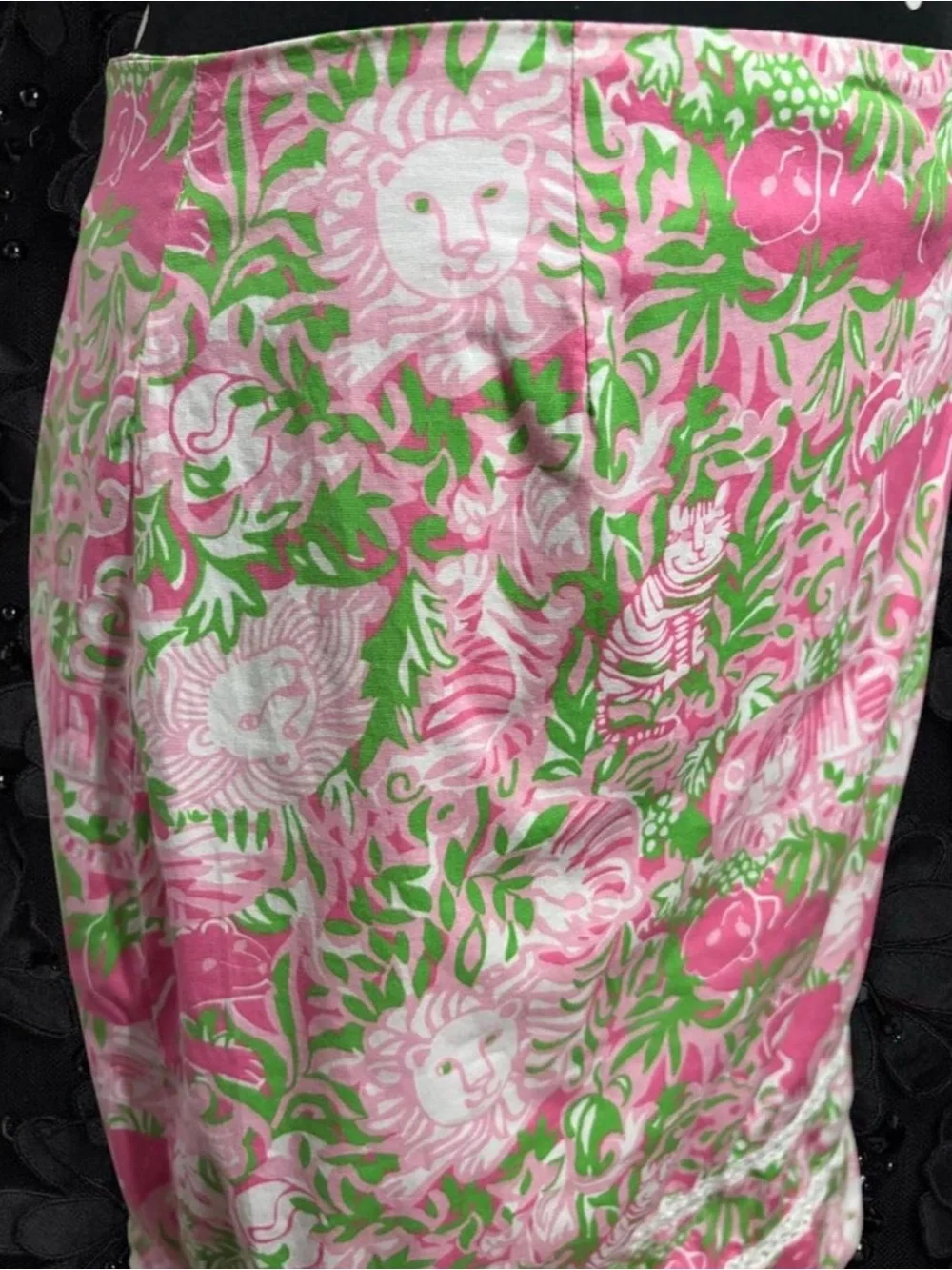 Pink & Green Animal Print Cotton Skirt with Lace Trim